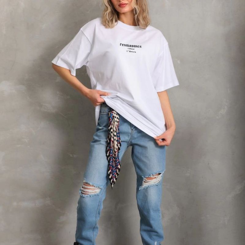 Kadın Kısa Kol Yazlık Tişört Bisiklet Yaka Baskılı Oversize T-Shirt - Beyaz Kadın Kısa Kol Yazlık Tişört Bisiklet Yaka Baskılı Oversize T-Shirt - Beyaz