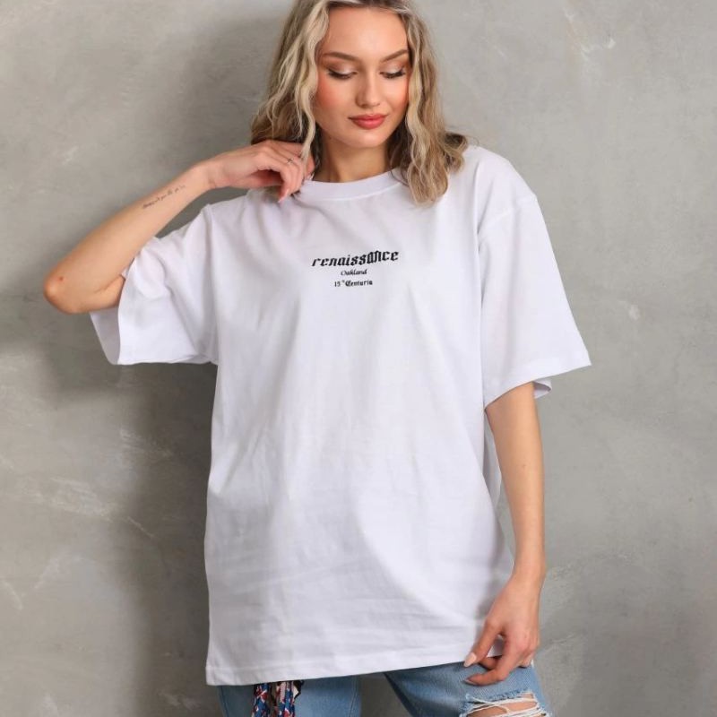 Kadın Kısa Kol Yazlık Tişört Bisiklet Yaka Baskılı Oversize T-Shirt - Beyaz Kadın Kısa Kol Yazlık Tişört Bisiklet Yaka Baskılı Oversize T-Shirt - Beyaz