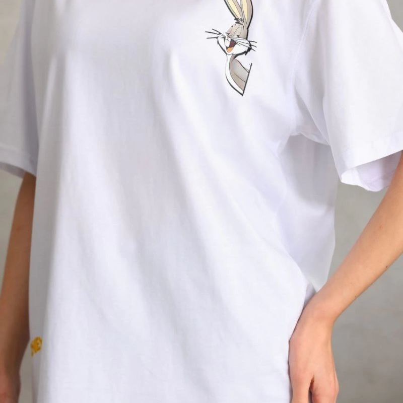 Kadın Kısa Kol Yazlık Tişört Bisiklet Yaka Baskılı Oversize T-Shirt - Beyaz Kadın Kısa Kol Yazlık Tişört Bisiklet Yaka Baskılı Oversize T-Shirt - Beyaz