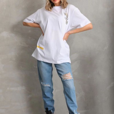 Kadın Kısa Kol Yazlık Tişört Bisiklet Yaka Baskılı Oversize T-Shirt - Beyaz Kadın Kısa Kol Yazlık Tişört Bisiklet Yaka Baskılı Oversize T-Shirt - Beyaz