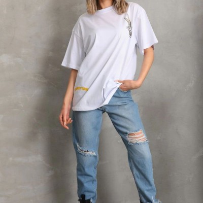 Kadın Kısa Kol Yazlık Tişört Bisiklet Yaka Baskılı Oversize T-Shirt - Beyaz Kadın Kısa Kol Yazlık Tişört Bisiklet Yaka Baskılı Oversize T-Shirt - Beyaz