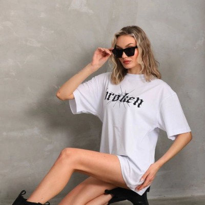 Kadın Kısa Kol Yazlık Tişört Bisiklet Yaka Baskılı Oversize T-Shirt - Beyaz Kadın Kısa Kol Yazlık Tişört Bisiklet Yaka Baskılı Oversize T-Shirt - Beyaz