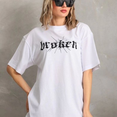 Kadın Kısa Kol Yazlık Tişört Bisiklet Yaka Baskılı Oversize T-Shirt - Beyaz Kadın Kısa Kol Yazlık Tişört Bisiklet Yaka Baskılı Oversize T-Shirt - Beyaz