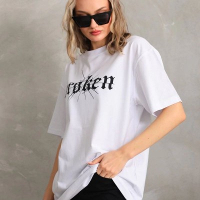 Kadın Kısa Kol Yazlık Tişört Bisiklet Yaka Baskılı Oversize T-Shirt - Beyaz Kadın Kısa Kol Yazlık Tişört Bisiklet Yaka Baskılı Oversize T-Shirt - Beyaz