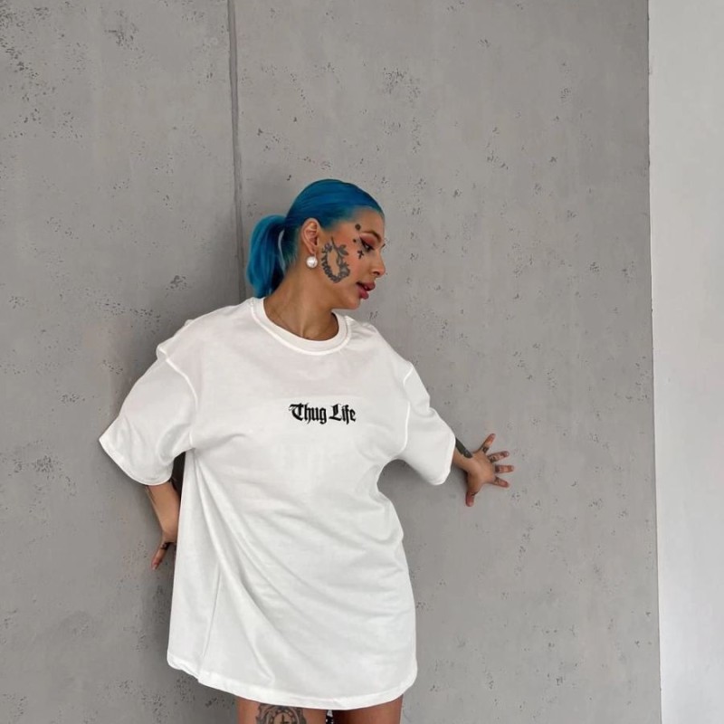 Kadın Kısa Kol Yazlık Tişört Bisiklet Yaka Baskılı Oversize T-Shirt - Beyaz Kadın Kısa Kol Yazlık Tişört Bisiklet Yaka Baskılı Oversize T-Shirt - Beyaz