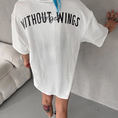 Kadın Kısa Kol Yazlık Tişört Bisiklet Yaka Baskılı Oversize T-Shirt - Beyaz Kadın Kısa Kol Yazlık Tişört Bisiklet Yaka Baskılı Oversize T-Shirt - Beyaz