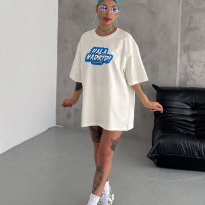 Kadın Kısa Kol Yazlık Tişört Bisiklet Yaka Baskılı Oversize T-Shirt - Beyaz Kadın Kısa Kol Yazlık Tişört Bisiklet Yaka Baskılı Oversize T-Shirt - Beyaz