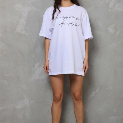 Kadın Kısa Kol Yazlık Tişört Bisiklet Yaka Baskılı Oversize T-Shirt - Beyaz Kadın Kısa Kol Yazlık Tişört Bisiklet Yaka Baskılı Oversize T-Shirt - Beyaz