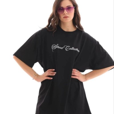 Kadın Kısa Kol Yazlık Tişört Bisiklet Yaka Baskılı Oversize T-Shirt - Siyah Kadın Kısa Kol Yazlık Tişört Bisiklet Yaka Baskılı Oversize T-Shirt - Siyah