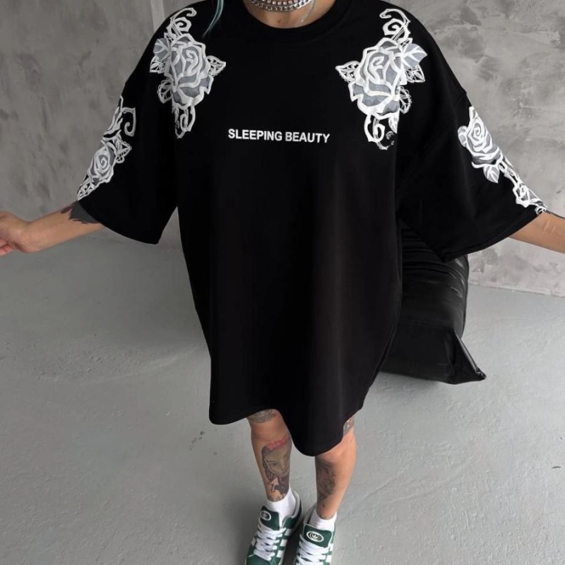 Kadın Kısa Kol Yazlık Tişört Bisiklet Yaka Baskılı Oversize T-Shirt - Siyah Kadın Kısa Kol Yazlık Tişört Bisiklet Yaka Baskılı Oversize T-Shirt - Siyah