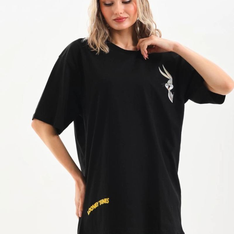 Kadın Kısa Kol Yazlık Tişört Bisiklet Yaka Baskılı Oversize T-Shirt - Siyah Kadın Kısa Kol Yazlık Tişört Bisiklet Yaka Baskılı Oversize T-Shirt - Siyah