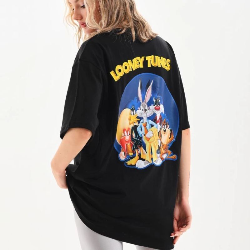 Kadın Kısa Kol Yazlık Tişört Bisiklet Yaka Baskılı Oversize T-Shirt - Siyah Kadın Kısa Kol Yazlık Tişört Bisiklet Yaka Baskılı Oversize T-Shirt - Siyah