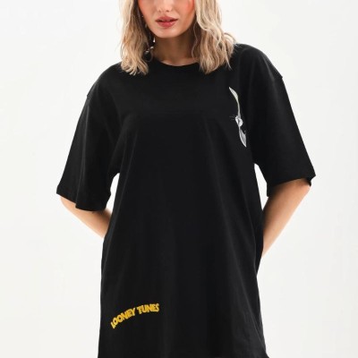 Kadın Kısa Kol Yazlık Tişört Bisiklet Yaka Baskılı Oversize T-Shirt - Siyah Kadın Kısa Kol Yazlık Tişört Bisiklet Yaka Baskılı Oversize T-Shirt - Siyah
