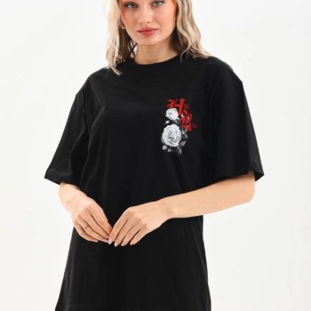 Kadın Kısa Kol Yazlık Tişört Bisiklet Yaka Baskılı Oversize T-Shirt - Siyah Kadın Kısa Kol Yazlık Tişört Bisiklet Yaka Baskılı Oversize T-Shirt - Siyah