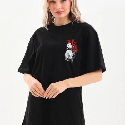 Kadın Kısa Kol Yazlık Tişört Bisiklet Yaka Baskılı Oversize T-Shirt - Siyah Kadın Kısa Kol Yazlık Tişört Bisiklet Yaka Baskılı Oversize T-Shirt - Siyah