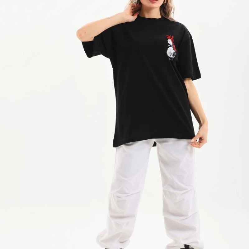 Kadın Kısa Kol Yazlık Tişört Bisiklet Yaka Baskılı Oversize T-Shirt - Siyah Kadın Kısa Kol Yazlık Tişört Bisiklet Yaka Baskılı Oversize T-Shirt - Siyah