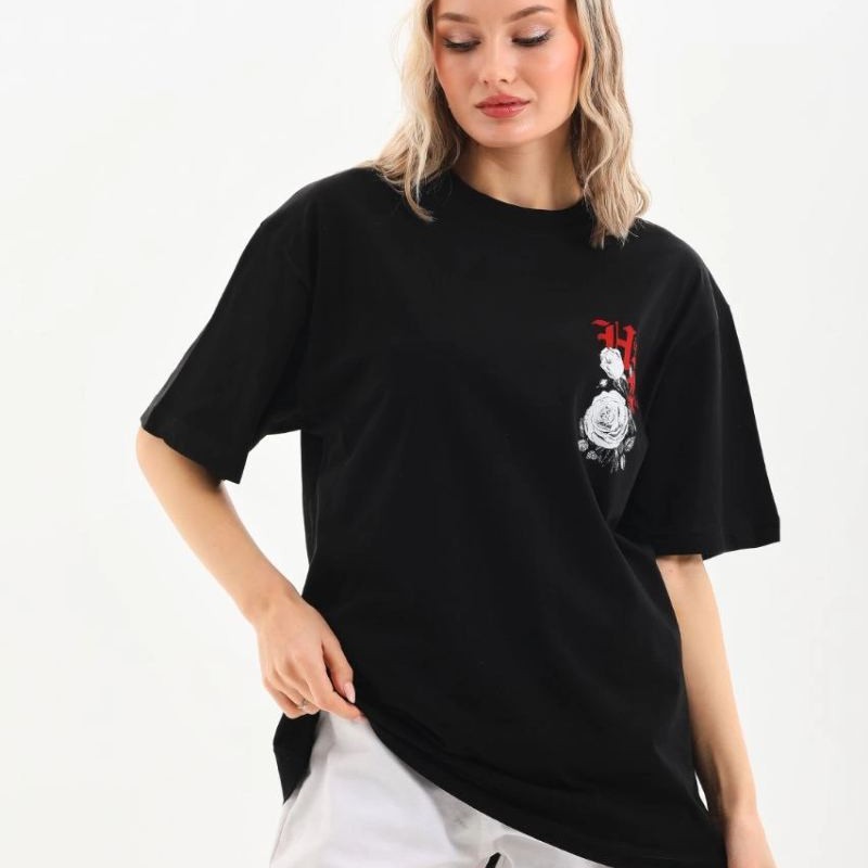 Kadın Kısa Kol Yazlık Tişört Bisiklet Yaka Baskılı Oversize T-Shirt - Siyah Kadın Kısa Kol Yazlık Tişört Bisiklet Yaka Baskılı Oversize T-Shirt - Siyah