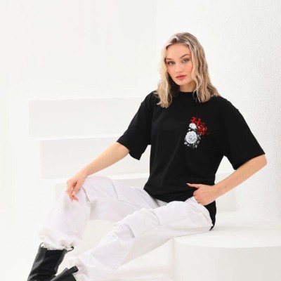 Kadın Kısa Kol Yazlık Tişört Bisiklet Yaka Baskılı Oversize T-Shirt - Siyah Kadın Kısa Kol Yazlık Tişört Bisiklet Yaka Baskılı Oversize T-Shirt - Siyah