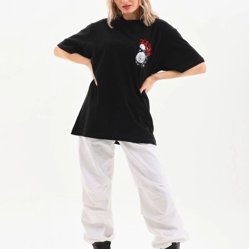 Kadın Kısa Kol Yazlık Tişört Bisiklet Yaka Baskılı Oversize T-Shirt - Siyah Kadın Kısa Kol Yazlık Tişört Bisiklet Yaka Baskılı Oversize T-Shirt - Siyah
