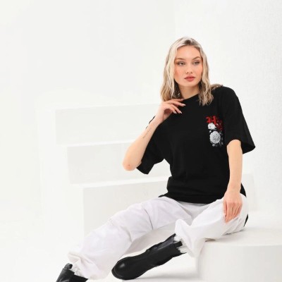 Kadın Kısa Kol Yazlık Tişört Bisiklet Yaka Baskılı Oversize T-Shirt - Siyah Kadın Kısa Kol Yazlık Tişört Bisiklet Yaka Baskılı Oversize T-Shirt - Siyah