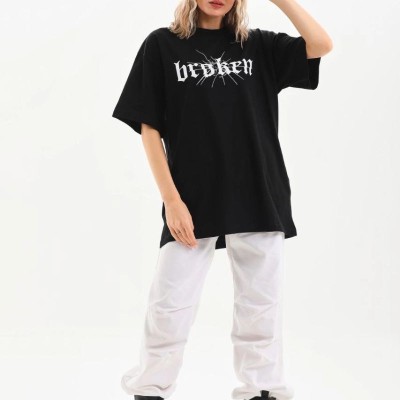 Kadın Kısa Kol Yazlık Tişört Bisiklet Yaka Baskılı Oversize T-Shirt - Siyah Kadın Kısa Kol Yazlık Tişört Bisiklet Yaka Baskılı Oversize T-Shirt - Siyah