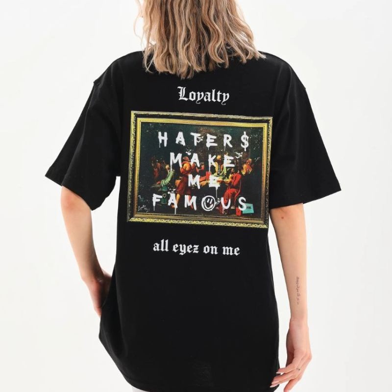 Kadın Kısa Kol Yazlık Tişört Bisiklet Yaka Baskılı Oversize T-Shirt - Siyah Kadın Kısa Kol Yazlık Tişört Bisiklet Yaka Baskılı Oversize T-Shirt - Siyah
