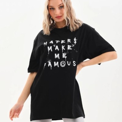 Kadın Kısa Kol Yazlık Tişört Bisiklet Yaka Baskılı Oversize T-Shirt - Siyah Kadın Kısa Kol Yazlık Tişört Bisiklet Yaka Baskılı Oversize T-Shirt - Siyah