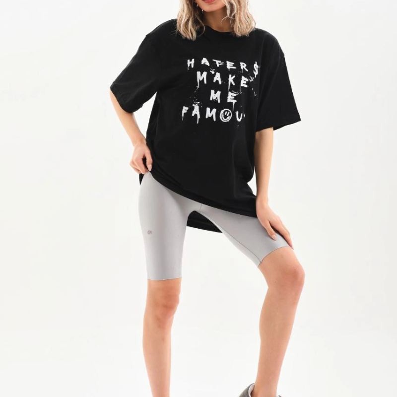 Kadın Kısa Kol Yazlık Tişört Bisiklet Yaka Baskılı Oversize T-Shirt - Siyah Kadın Kısa Kol Yazlık Tişört Bisiklet Yaka Baskılı Oversize T-Shirt - Siyah