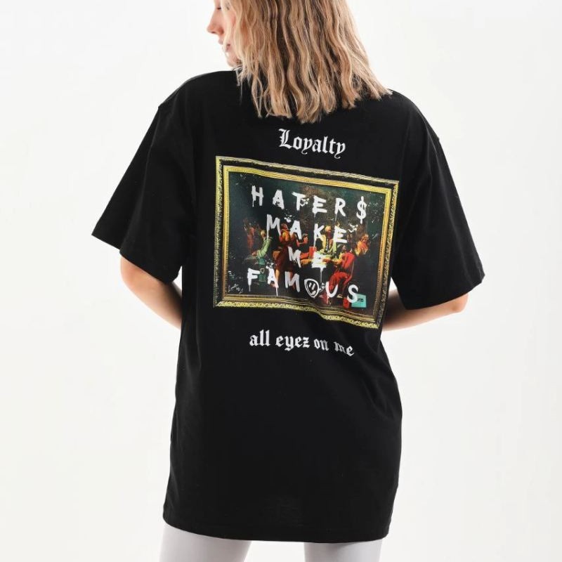 Kadın Kısa Kol Yazlık Tişört Bisiklet Yaka Baskılı Oversize T-Shirt - Siyah Kadın Kısa Kol Yazlık Tişört Bisiklet Yaka Baskılı Oversize T-Shirt - Siyah