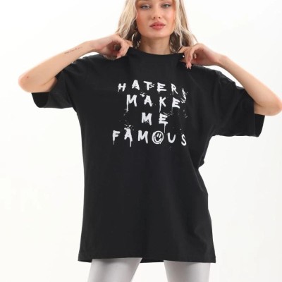 Kadın Kısa Kol Yazlık Tişört Bisiklet Yaka Baskılı Oversize T-Shirt - Siyah Kadın Kısa Kol Yazlık Tişört Bisiklet Yaka Baskılı Oversize T-Shirt - Siyah