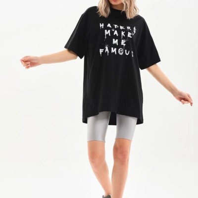 Kadın Kısa Kol Yazlık Tişört Bisiklet Yaka Baskılı Oversize T-Shirt - Siyah Kadın Kısa Kol Yazlık Tişört Bisiklet Yaka Baskılı Oversize T-Shirt - Siyah