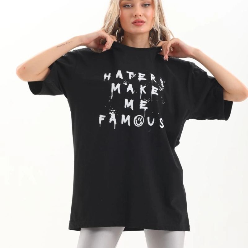 Kadın Kısa Kol Yazlık Tişört Bisiklet Yaka Baskılı Oversize T-Shirt - Siyah Kadın Kısa Kol Yazlık Tişört Bisiklet Yaka Baskılı Oversize T-Shirt - Siyah