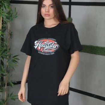Kadın Kısa Kol Yazlık Tişört Bisiklet Yaka Baskılı Oversize T-Shirt - Siyah Kadın Kısa Kol Yazlık Tişört Bisiklet Yaka Baskılı Oversize T-Shirt - Siyah