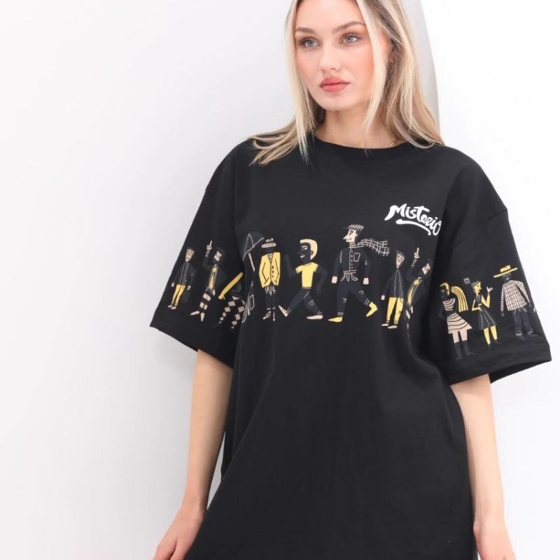 Kadın Kısa Kol Yazlık Tişört Bisiklet Yaka Baskılı Oversize T-Shirt - Siyah Kadın Kısa Kol Yazlık Tişört Bisiklet Yaka Baskılı Oversize T-Shirt - Siyah