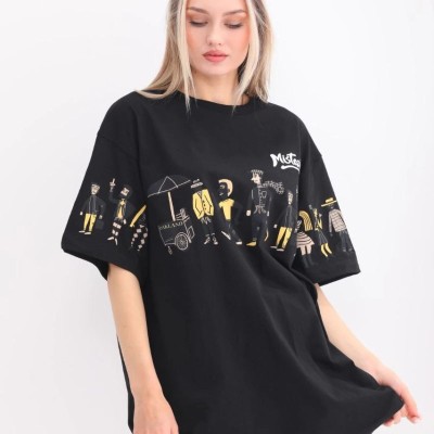 Kadın Kısa Kol Yazlık Tişört Bisiklet Yaka Baskılı Oversize T-Shirt - Siyah Kadın Kısa Kol Yazlık Tişört Bisiklet Yaka Baskılı Oversize T-Shirt - Siyah