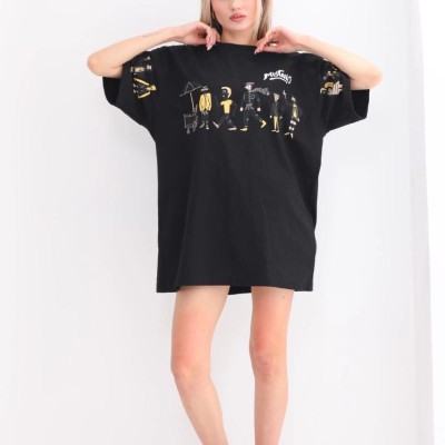 Kadın Kısa Kol Yazlık Tişört Bisiklet Yaka Baskılı Oversize T-Shirt - Siyah Kadın Kısa Kol Yazlık Tişört Bisiklet Yaka Baskılı Oversize T-Shirt - Siyah