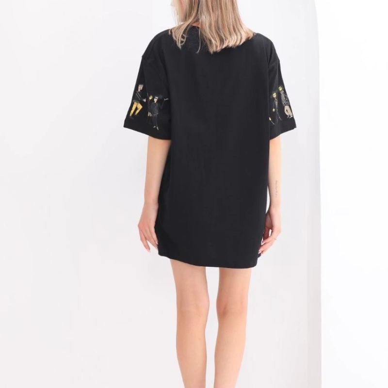 Kadın Kısa Kol Yazlık Tişört Bisiklet Yaka Baskılı Oversize T-Shirt - Siyah Kadın Kısa Kol Yazlık Tişört Bisiklet Yaka Baskılı Oversize T-Shirt - Siyah