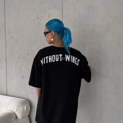Kadın Kısa Kol Yazlık Tişört Bisiklet Yaka Baskılı Oversize T-Shirt - Siyah Kadın Kısa Kol Yazlık Tişört Bisiklet Yaka Baskılı Oversize T-Shirt - Siyah