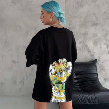 Kadın Kısa Kol Yazlık Tişört Bisiklet Yaka Baskılı Oversize T-Shirt - Siyah Kadın Kısa Kol Yazlık Tişört Bisiklet Yaka Baskılı Oversize T-Shirt - Siyah