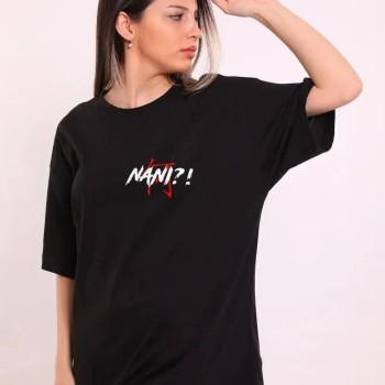 Kadın Kısa Kol Yazlık Tişört Bisiklet Yaka Baskılı Oversize T-Shirt - Siyah