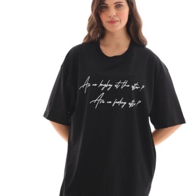 Kadın Kısa Kol Yazlık Tişört Bisiklet Yaka Baskılı Oversize T-Shirt - Siyah Kadın Kısa Kol Yazlık Tişört Bisiklet Yaka Baskılı Oversize T-Shirt - Siyah