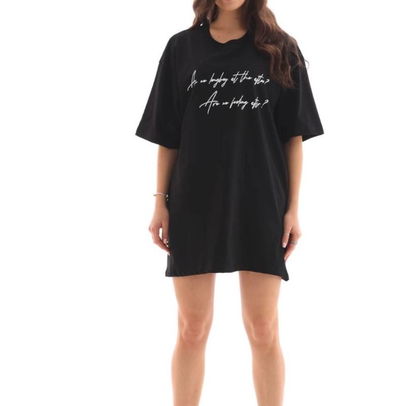 Kadın Kısa Kol Yazlık Tişört Bisiklet Yaka Baskılı Oversize T-Shirt - Siyah Kadın Kısa Kol Yazlık Tişört Bisiklet Yaka Baskılı Oversize T-Shirt - Siyah
