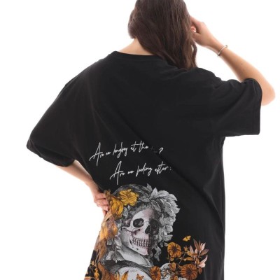 Kadın Kısa Kol Yazlık Tişört Bisiklet Yaka Baskılı Oversize T-Shirt - Siyah Kadın Kısa Kol Yazlık Tişört Bisiklet Yaka Baskılı Oversize T-Shirt - Siyah