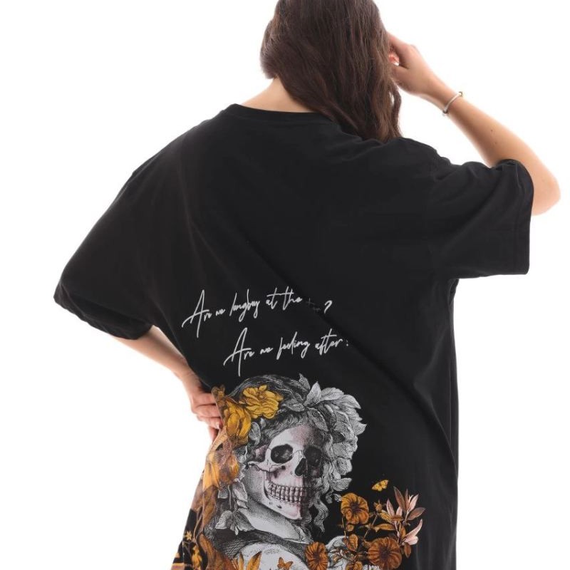 Kadın Kısa Kol Yazlık Tişört Bisiklet Yaka Baskılı Oversize T-Shirt - Siyah Kadın Kısa Kol Yazlık Tişört Bisiklet Yaka Baskılı Oversize T-Shirt - Siyah