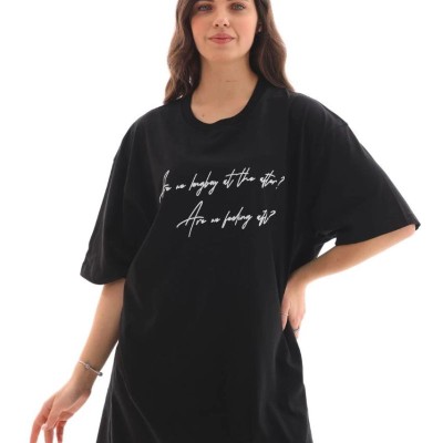 Kadın Kısa Kol Yazlık Tişört Bisiklet Yaka Baskılı Oversize T-Shirt - Siyah Kadın Kısa Kol Yazlık Tişört Bisiklet Yaka Baskılı Oversize T-Shirt - Siyah