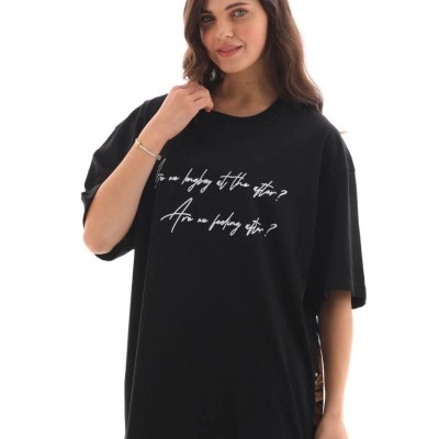 Kadın Kısa Kol Yazlık Tişört Bisiklet Yaka Baskılı Oversize T-Shirt - Siyah Kadın Kısa Kol Yazlık Tişört Bisiklet Yaka Baskılı Oversize T-Shirt - Siyah