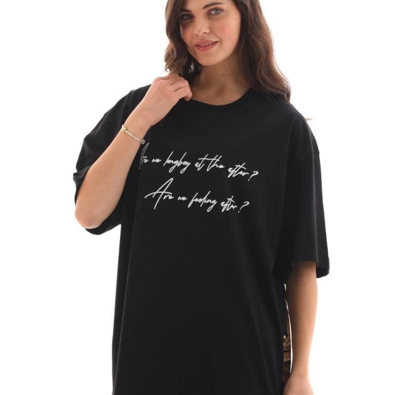 Kadın Kısa Kol Yazlık Tişört Bisiklet Yaka Baskılı Oversize T-Shirt - Siyah Kadın Kısa Kol Yazlık Tişört Bisiklet Yaka Baskılı Oversize T-Shirt - Siyah
