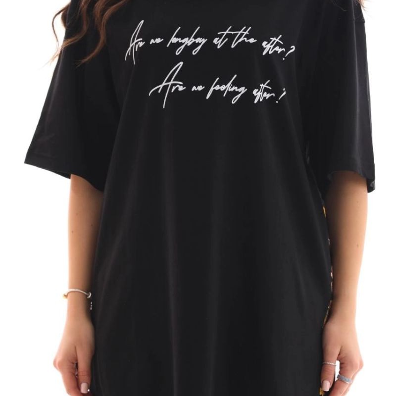 Kadın Kısa Kol Yazlık Tişört Bisiklet Yaka Baskılı Oversize T-Shirt - Siyah Kadın Kısa Kol Yazlık Tişört Bisiklet Yaka Baskılı Oversize T-Shirt - Siyah