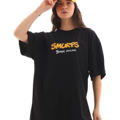 Kadın Kısa Kol Yazlık Tişört Bisiklet Yaka Baskılı Oversize T-Shirt - Siyah Kadın Kısa Kol Yazlık Tişört Bisiklet Yaka Baskılı Oversize T-Shirt - Siyah