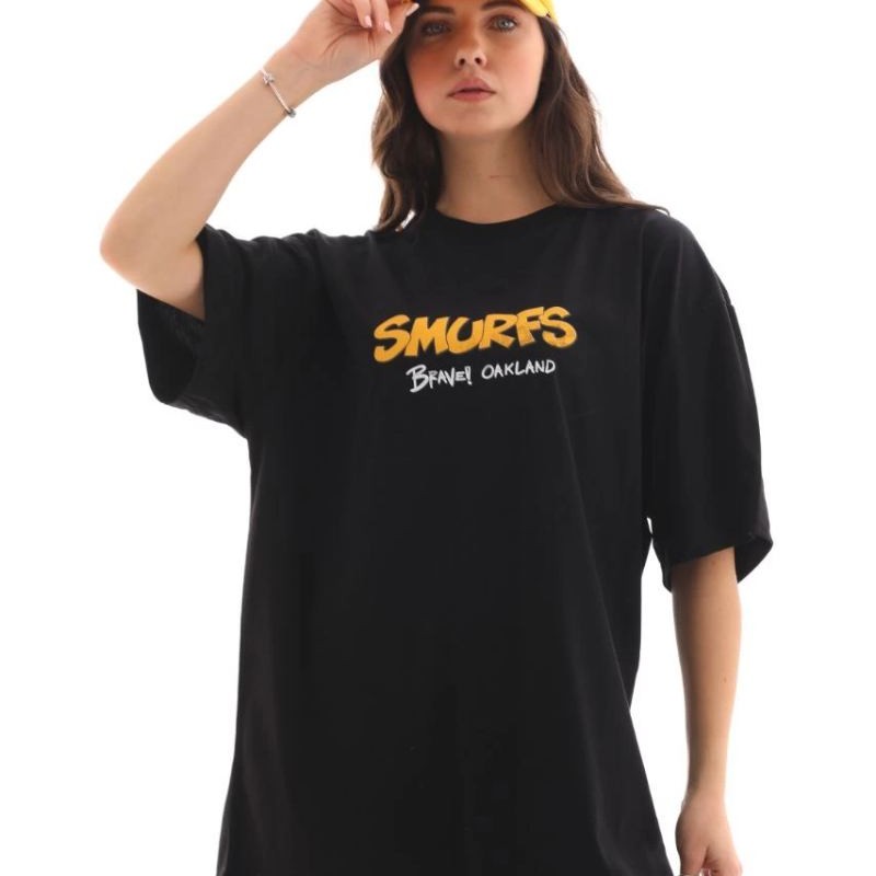 Kadın Kısa Kol Yazlık Tişört Bisiklet Yaka Baskılı Oversize T-Shirt - Siyah Kadın Kısa Kol Yazlık Tişört Bisiklet Yaka Baskılı Oversize T-Shirt - Siyah